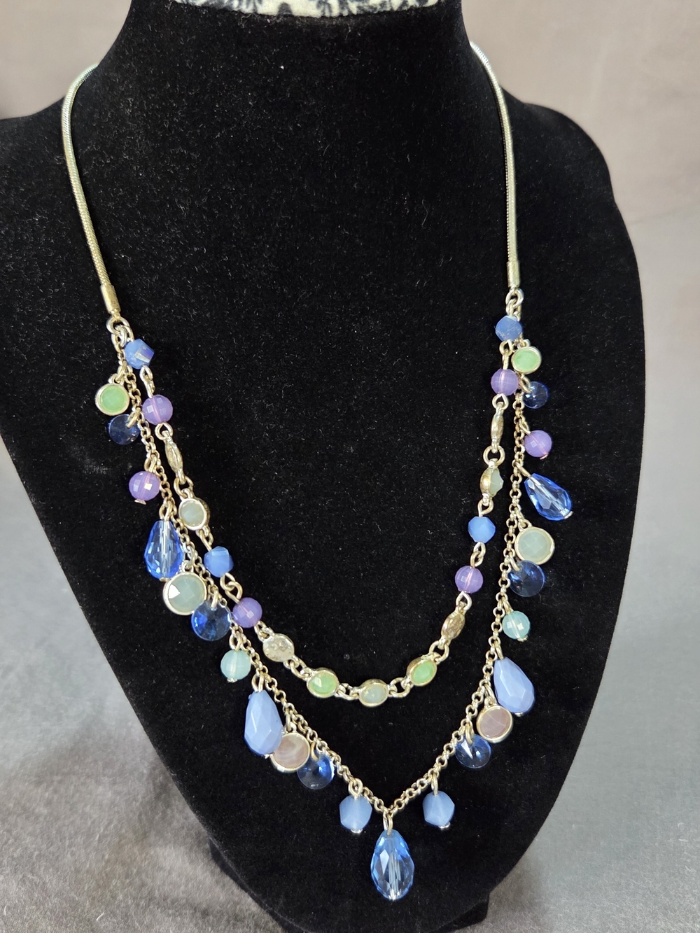 Nine West Multi Strand Layered Beaded Statement Necklace Blue Purple Lavender